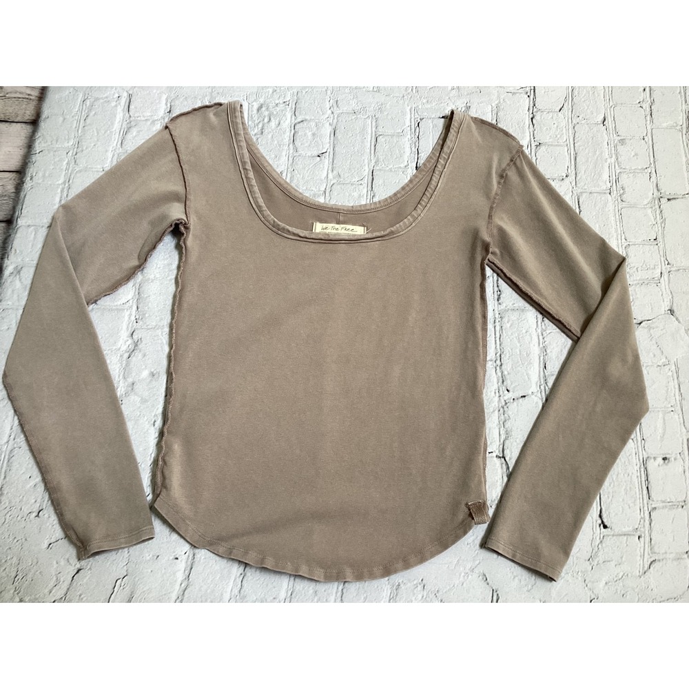 Free People We The Free Scoop Neck Long Sleeve Top Taupe Brown Raw Seam Medium
